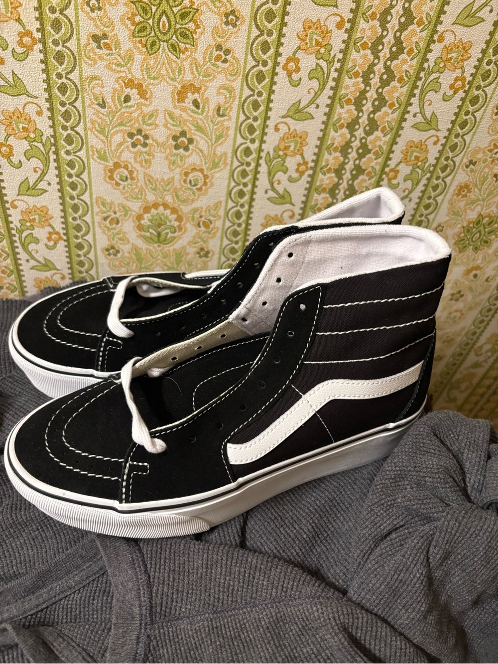 Black High Top Vans Skate Sneakers with White Stripe